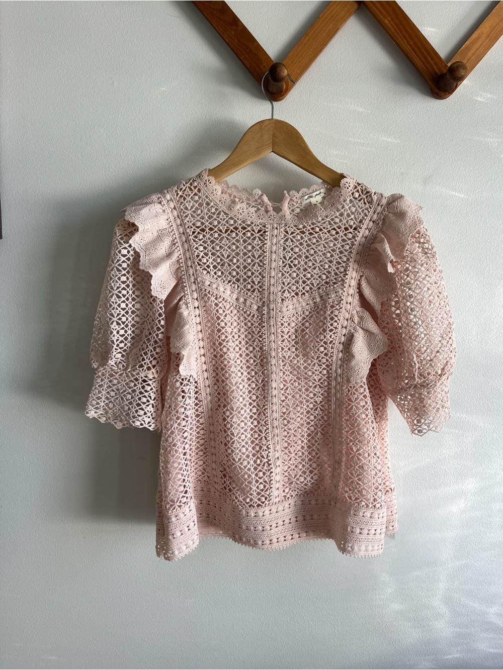 Ultra Pink Lace Crochet Ruffle Sleeve Blouse in Light Pink